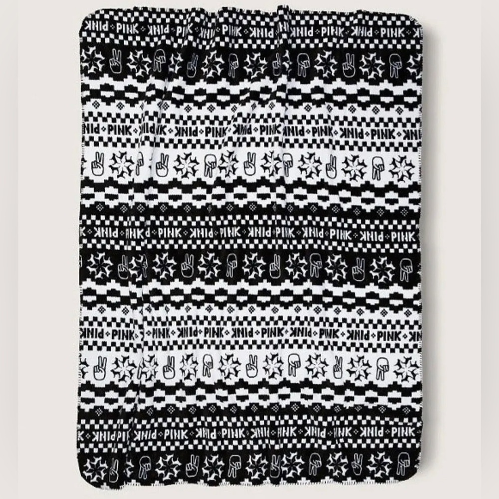 Victoria’s Secret PINK Christmas 2021 Blanket Black & White Peace Signs 50”x60”